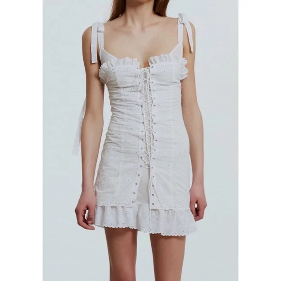 Lace-Up White Eyelet Mini Dress - Picture 3 of 15